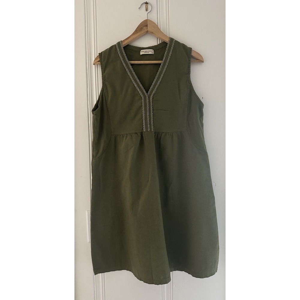 Terzo Millennio Italy Linen Blend Shift Dress Olive Green Sleeveless Pockets L